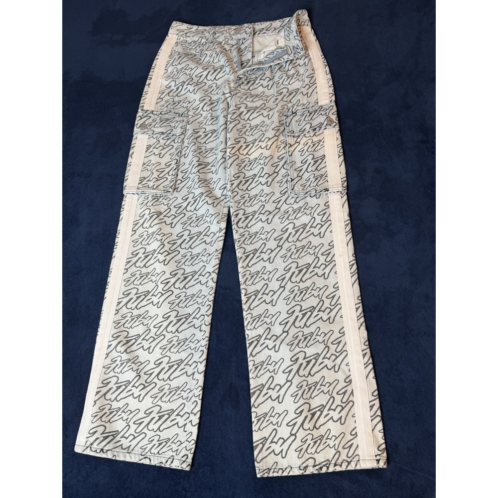 Fubu Forever Baby Blue Graffiti Cargo Jeans Womens Sz 28x32 Modern Retro BAGGY
